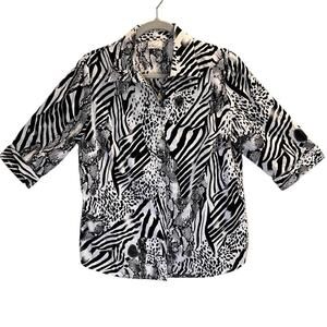Kim Rogers Women's Button Down Shirt Size Medium Zebra Leopard Print Black White